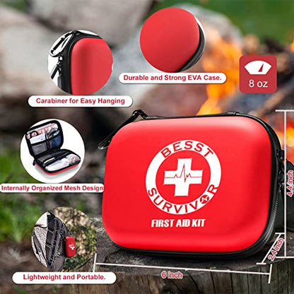 Besst Survivor Mini First Aid Kit -Small Waterproof Hard Shell Medical Kit with Compartments for Camping, Hiking, Car, Home, Office, School - Vehicle & Outdoor Emergency Medical Kit (Red) - size: Small