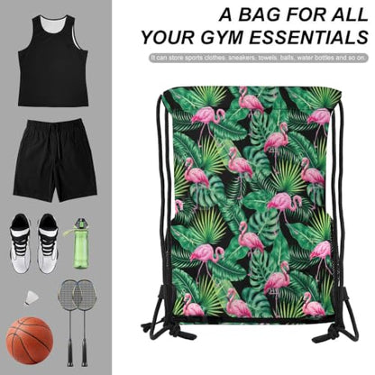 Tropical Flamingos Drawstring Backpack Gym Bag With Shoe Compartment String Bag Sport Beach Swimming Sackpack For Women Men - color: Tropical Flamingos