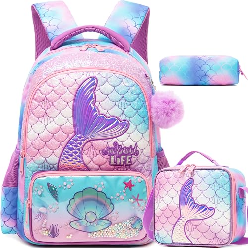 Meetbelify Kids School Backpacks for Girls Boys Backpack with Lunch Bag for Elmentary Students - color: 01 Mermaid