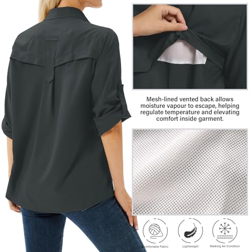 Women's UPF 50 Long Sleeve Sun Protection Safari Fish Hiking Shirts - color: Black Grey, size: Medium