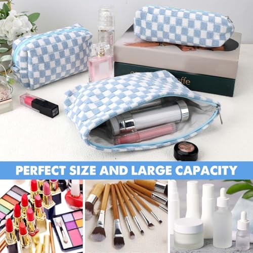 3 Pcs Makeup Bag Cosmetic Bag Set for Girls Women Checkered Travel Organizer Bathroom Toiletry Pouch Large Capacity Storage Bag (Blue-White) - color: Blue-White