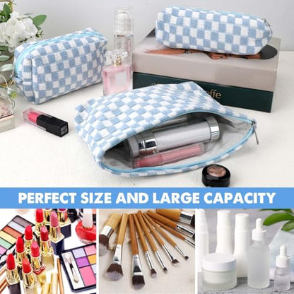 3 Pcs Makeup Bag Cosmetic Bag Set for Girls Women Checkered Travel Organizer Bathroom Toiletry Pouch Large Capacity Storage Bag (Blue-White) - color: Blue-White