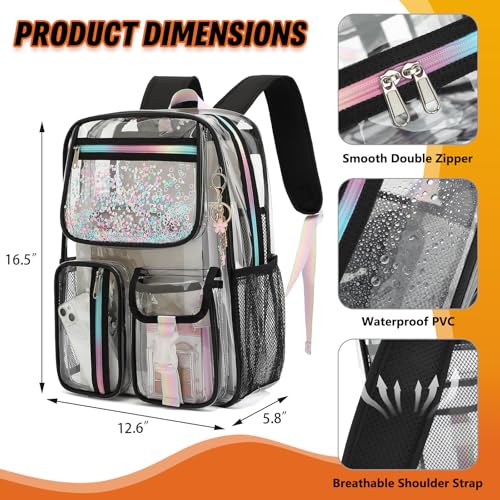 Clear Backpack for Girls Women, PVC Transparent School Backpacks See Through Bookbag for Stadium Sport Travel (Black) - color: Black