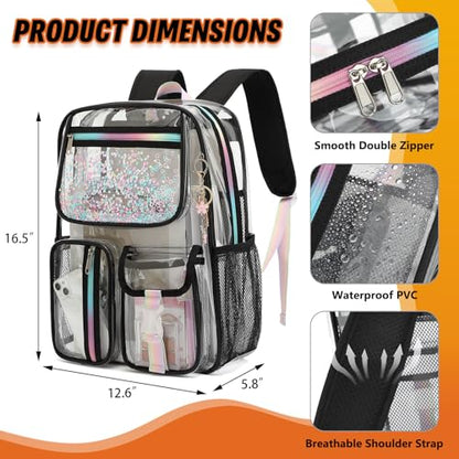 Clear Backpack for Girls Women, PVC Transparent School Backpacks See Through Bookbag for Stadium Sport Travel (Black) - color: Black