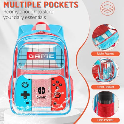 TILYTADLY 3PCS Clear Backpack for School - Gamer Kids Clear Backpacks for Boys and Girls,Heavy Duty Transparent Bookbag with Lunch Bag and Pencil Case - See Through PVC Transparent Bookbag - color: Red&blue - Set