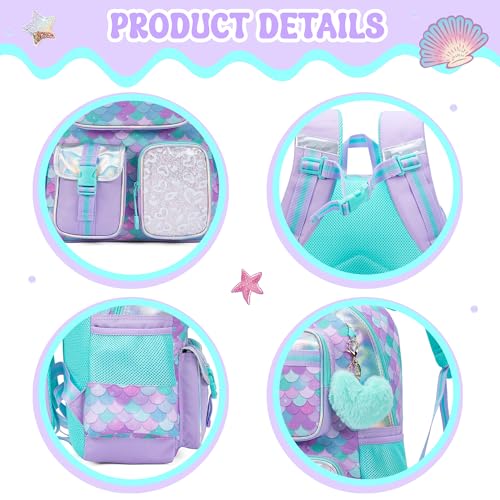 Meetbelify Mermaid Backpack for Girls School Backpack with Lunch Box for Elementary Student Cute School Bag Kids Bookbag for Girls 8-10 - color: Mermaid
