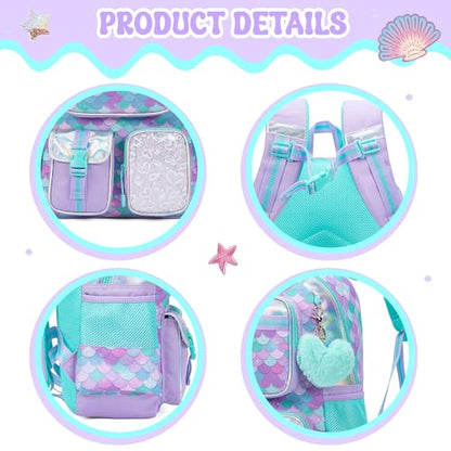 Meetbelify Mermaid Backpack for Girls School Backpack with Lunch Box for Elementary Student Cute School Bag Kids Bookbag for Girls 8-10 - color: Mermaid