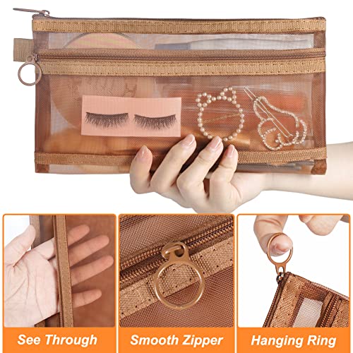 Mesh Cosmetic Bags, 4pcs Nylon Makeup Pouches with Double Zippers for Home Office Purse Diaper Bag (Light Chocolate Brown) - color: Light Chocolate Brown