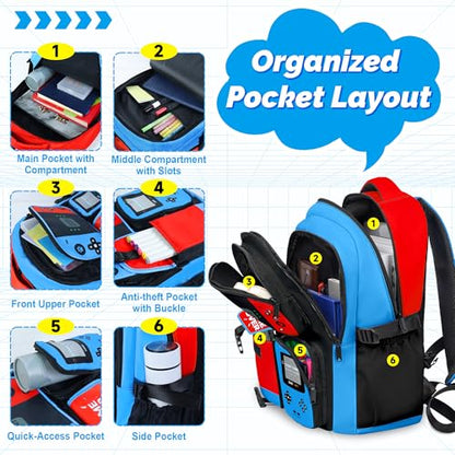 Gamer Backpack for Boys, 4pcs Gaming Boys Backpack with Lunch Box and Pencil Case for Kids, Video Gamer School Bags - color: Red and Blue
