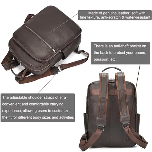 LUUFAN Genuine Leather Shoulder Bag for Men Casual Backpack Slim Daypack 15.6 Inch Laptop Rucksack Business Travel Outdoor Bag, Coffee - color: 8017-coffee