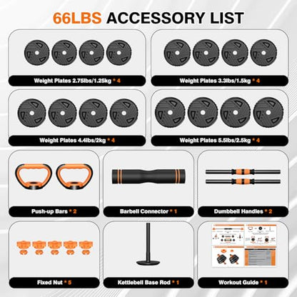 Adjustable Dumbbell Set, 33/44/66/88lbs Free Weights Set with Connector, 5 in 1 Weights Dumbbells Set Used as Barbell, Kettlebells, Push up Stand, Weight Plate, Exercise & Fitness Equipment for Home Gym Workout - color: 66LB (33LB-Pair)