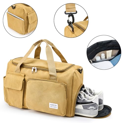 Small Gym Bag for Women, Travel Duffle Bag Carry On Weekender Bag with Shoe Compartment - color: Canvas-Brown, style: Gym Bag&toiletry Bag