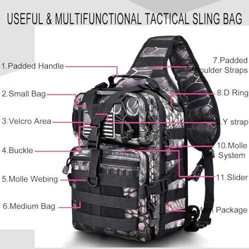 HAOMUK Tactical Sling Bag Pack Military Rover Shoulder Sling Backpack EDC Molle Assault Range Bag - color: Pythons Grain Black
