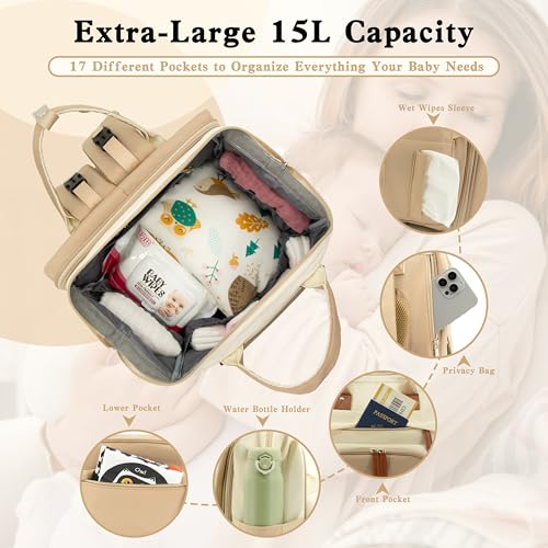 DERJUNSTAR Large Diaper Bag Backpack | Insulated Bottle Holders, USB Charging Port, Travel Design, For Mom & Dad - color: Beige/Khaki
