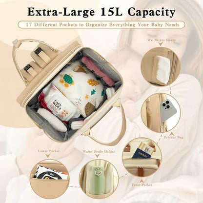 DERJUNSTAR Large Diaper Bag Backpack | Insulated Bottle Holders, USB Charging Port, Travel Design, For Mom & Dad - color: Beige/Khaki