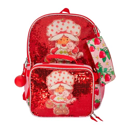 AI ACCESSORY INNOVATIONS Strawberry Shortcake 5 Piece Backpack Set, Flip Sequin Girls School Bag with Front Zip Pocket, 2 Side Mesh Pockets, Pink & Red - color: Strawberry Shortcake