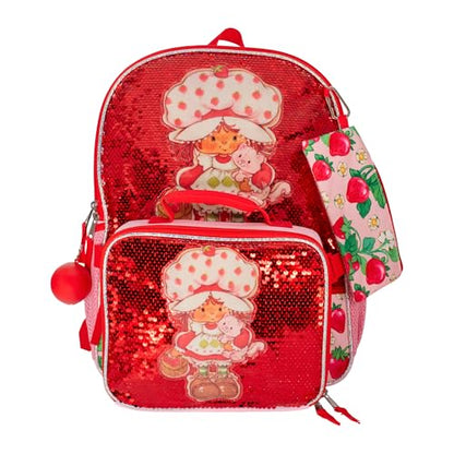 AI ACCESSORY INNOVATIONS Strawberry Shortcake 5 Piece Backpack Set, Flip Sequin Girls School Bag with Front Zip Pocket, 2 Side Mesh Pockets, Pink & Red - color: Strawberry Shortcake
