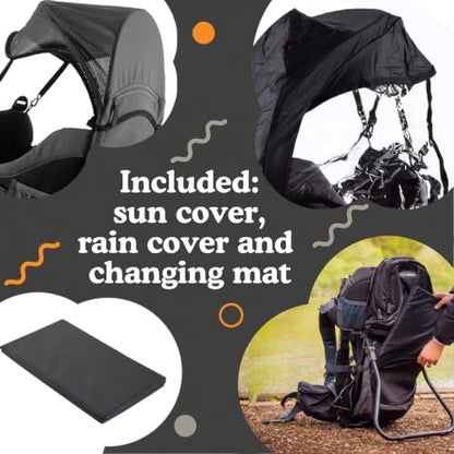 Hiking Baby Carrier Backpack - Comfortable Toddler/Baby Backpack Carrier System with Diaper Change Pad, Insulated Pocket + Rain and Sun Hood to Protect Your Child - color: Black/Grey