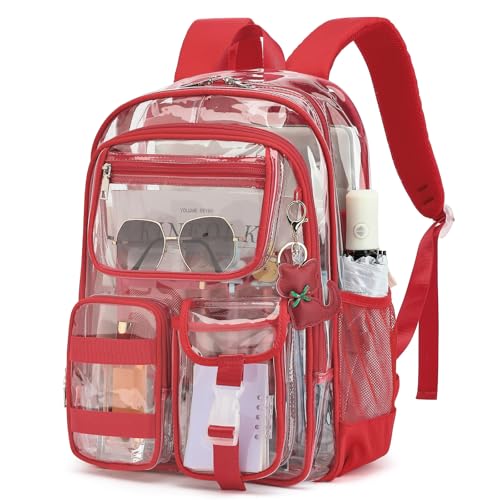 Clear Backpack for School Girls Boys Heavy Duty Transparent Backpack with Multiple Pockets, Lightweight PVC See Through Bookbag for Students-Red - color: Red