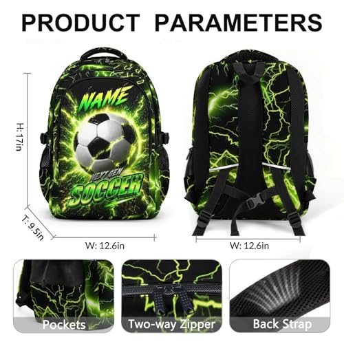 Boys Soccer Backpack with Personalized Name, 17 Inch Kids School Backpacks with 3 Compartments - Custom Sport Bookbag for Elementary Students, Reflective Ergonomic Design with Chest Strap - color: Green