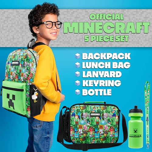 Minecraft Boys Backpack 5 Pc Gift Set, Creeper School Bookbag, Lunch Bag, Water Bottle, Keychain and Lanyard (Green AOP) - color: Green AOP