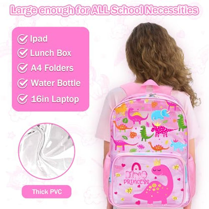 SHPMXUPW 3PCS Clear Pink School Backpack for Kids - Dinosaur Backpack for Girls 4-8, Heavy Duty Transparent Pink Bookbag with Lunch Bag and Pencil Case - See Through PVC Transparent Bookbag - color: Pink-Dinosaur