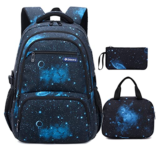 MITOWERMI Boys Backpacks for Primary Junior School Kids Backpack with Lunch Box Galaxy Space Bookbags for Boys Girls - color: #02 Galaxy-black Blue, style: 3 Pcs Set Backpack