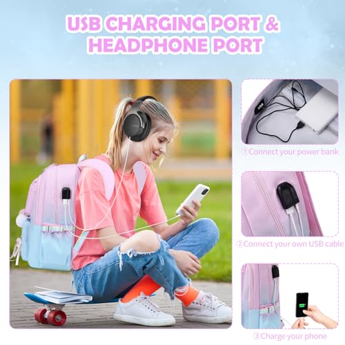ACESAK Backpacks for Girls, Girls Backpack with Lunch Box and Pencil Case for Teen Kids Elementary Middle High School College Student, Children Backpack Bookbag with USB Charging Port (Pink-blue) - color: Pink-to-blue Gradient