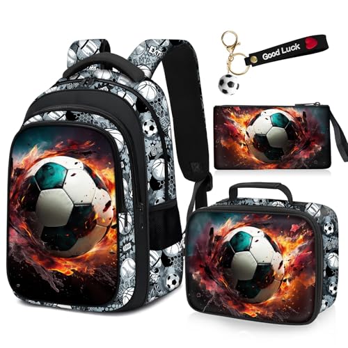 School Backpack for Boys - 4pcs Soccer Boys Backpack with Lunch Box Set for Kids Children Teens Elementary Middle School - 17″ Sport Bookbag Travel Back Pack for Age 6-18 - color: Soccer Backpack15 Set