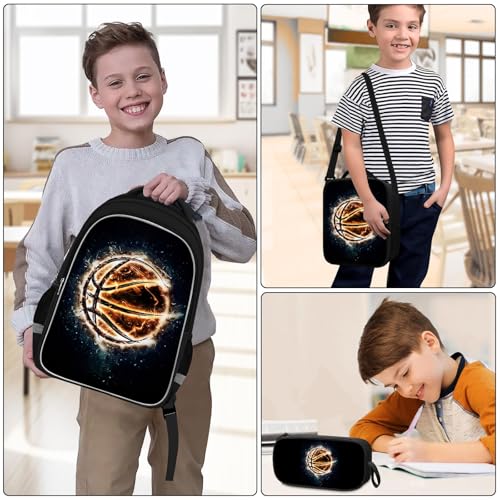 School Backpack for Boys - 4pcs Basketball Boys Backpack with Lunch Box and Pencil Case for Kids Children Teens Elementary Middle School - Students Bag for Ages 6-18,17″Bookbag Travel Back Pack - color: Basketball-05-backpack Set