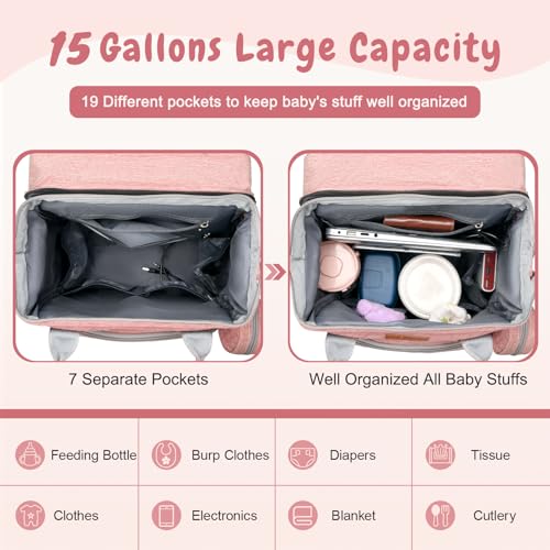 JOYCE Diaper Bag Backpack with Changing Pad, Water-Resistant, Pink | Portable changinag pad, insulated bottle pockets, stroller straps, pacifier case, Multi-Compartment storage - color: Pink