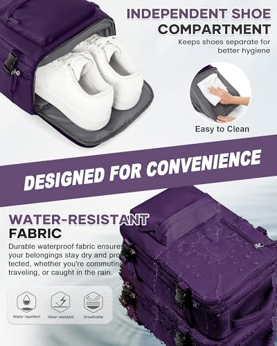 WONHOX Large Travel Backpack Women,Carry On Laptop Backpack Flight Approved,Mochila De Viaje Men Hiking Waterproof Rucksack Casual Daypack with Shoes Compartment,Personal Item Travel Bag Dark Purple - color: A50-dark Purple, size: Large
