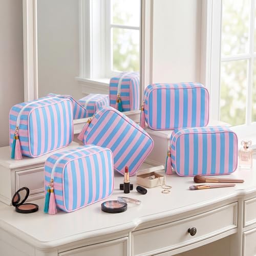 Kacctyen 6 Pack Peony Pink and Slate Blue Striped Makeup Bag bulk with Tassel Travel Cosmetic Pouch Organizer Large Zipper Toiletry Case for Women Aesthetic Storage Pouch Mahjong Tile Bag - color: Peony Pink and Slate Blue