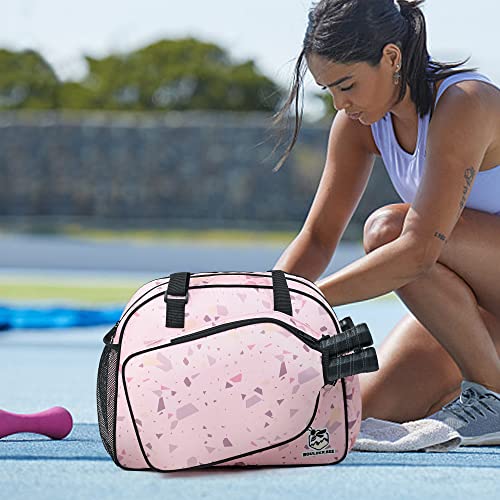 Boulder Bee Pickleball Bags, Premium Pickleball Tote Bag for Girls, Women’s Hand/Shoulder Gym Bag w Water Bottle Holder, with Pickleball Racquet/Paddle Holder - color: Pink Triangles