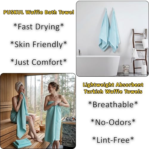 PÜSKÜL Natural 100% Turkish Cotton Waffle Bath Towels Set of 2-Piece | 32x63 Extra Large Absorbent Quick-Dry Lightweight Spa Towel | Luxury Sauna Accessories (Aqua Turquoise Bath Towels - Pack of 2) - color: Turquoise