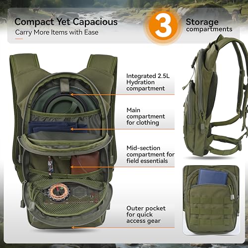 MARCHWAY Tactical Molle Hydration Pack with 2.5L TPU Water Bladder, Low-Profile Organized Military Backpack for Hiking, Cycling, Backpacking, Hunting, Running - color: Green