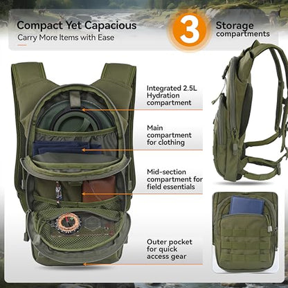 MARCHWAY Tactical Molle Hydration Pack with 2.5L TPU Water Bladder, Low-Profile Organized Military Backpack for Hiking, Cycling, Backpacking, Hunting, Running - color: Green