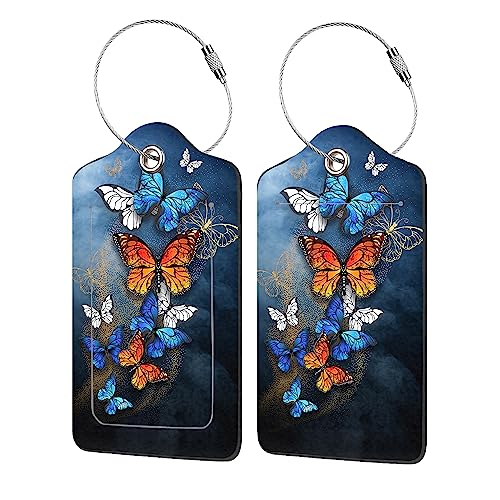 2 Pack Luggage Tag for Suitcase,Butterflies in Flight PU Leather Suitcase Tags Identifiers with Privacy Name Address Labels and Durable Steel Loop for Women Men Travel - color: Butterflies in Flight