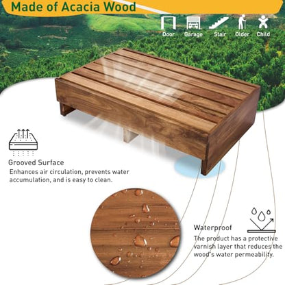 Acacia Wood Step Platform (25'' L x 16'' W x 6.5'' H, No Assembly Required), Outdoor Steps with Non-Skip Pads for Seniors, Wooden One Step Stool for Bed, Stair, Bathroom, Kitchen, Garden