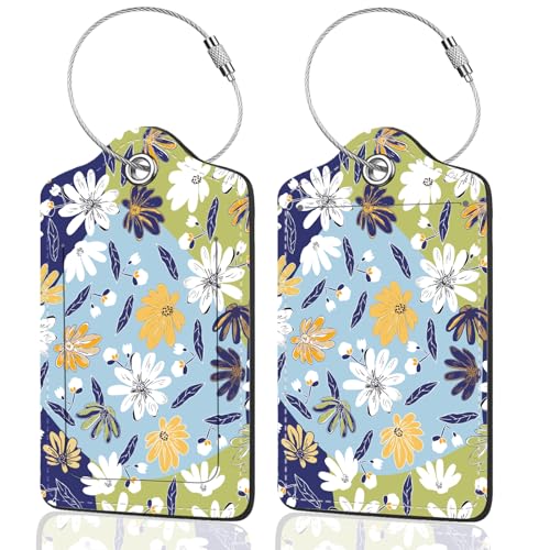 2Pack Luggage Tags for Suitcases, Cute Unique Pu Leather Cruise Luggage Tag with Privacy Cover ID Label Address Card and Metal Ring Suitable for Women Men Kids Travel Bag Yellow and White Floral Print - color: Yellow and White Floral Print