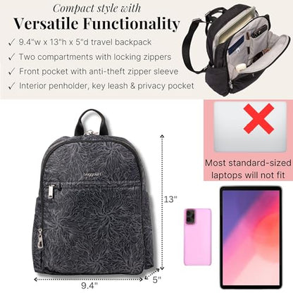 Securtex Anti-Theft Getaway Backpack - 9.4"x13"x5" Travel Safe Bag w/Locking Zippers, Slash-Resistant, RFID - color: Midnight Blossom Print