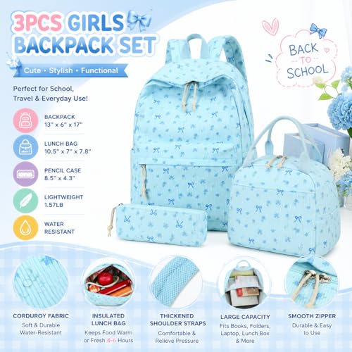 BTOOP School Backpacks for Teen Girls Bookbags Lightweight Kids Backpack School Bags Set with Lunch Box Pencil Case - color: Blue Bow