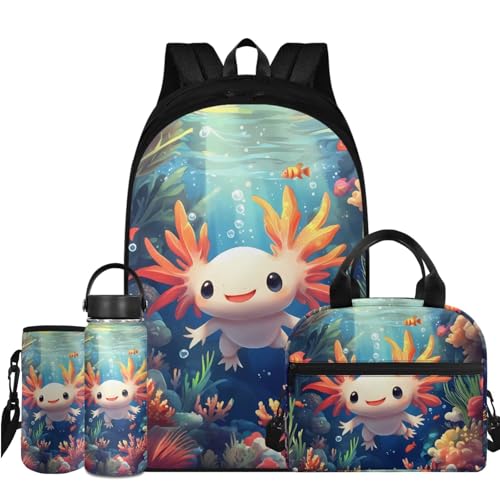 Flashideas Cute Axolotl Backpack for Girls Boys Backpack with Lunch Box Insulated Water Bottle and Water Bottle Sleeve 4Pcs Set 17" Bookbag with Compartments Lightweight School Bag for Kids Elementary - color: Axolotl-5