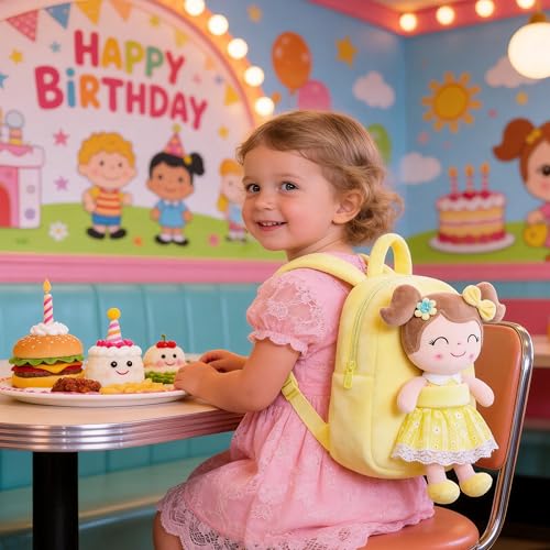 Gloveleya Back to School Gifts for Girls Kids Backpack Toddler Girls Backpacks with Soft Plush Spring Girl Doll Toys Yellow - color: A012 Spring Girl Yellow & Doll, size: 9 inches