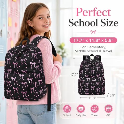 LOIDOU Backpack for Teen Girls Bookbags School Backpack with Lunch Box and Pencil Case 3 in 1 School Bags Set - color: Black Bow-Tie