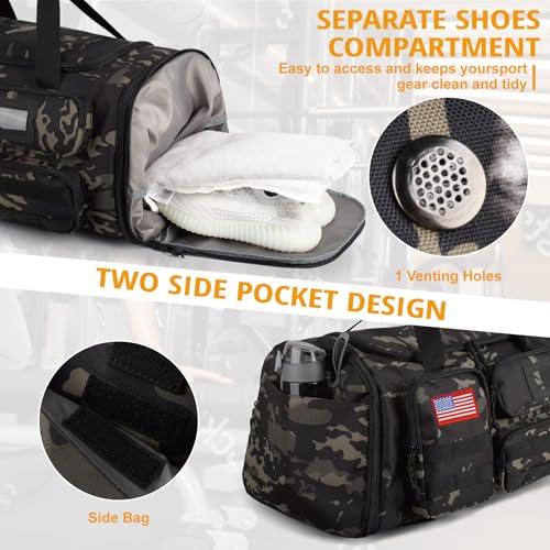 Expandable Gym Bag For Men,Tactical Large 3 in 1 Sports Duffle Bag With Shoes Compartment,Water Resistant Sports Gym Tote Bags Multi-functional Weekend Travel Backpack Overnight Bag - color: Camo Black