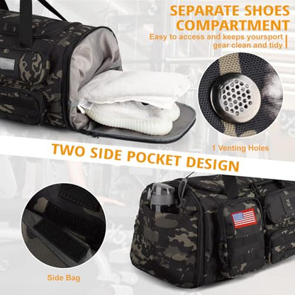 Expandable Gym Bag For Men,Tactical Large 3 in 1 Sports Duffle Bag With Shoes Compartment,Water Resistant Sports Gym Tote Bags Multi-functional Weekend Travel Backpack Overnight Bag - color: Camo Black