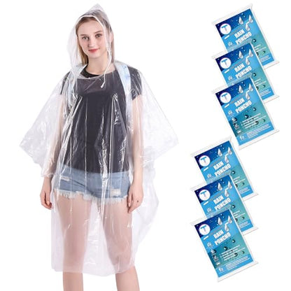 TUNCHMO Disposable Rain Ponchos 6 Pack for Adults/Kids/Family Set-50% Thicker Emergency Ponchos - color: Adults Clear 6 Pack