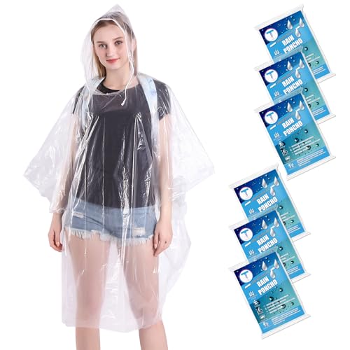 TUNCHMO Disposable Rain Ponchos 6 Pack for Adults/Kids/Family Set-50% Thicker Emergency Ponchos - color: Adults Clear 6 Pack