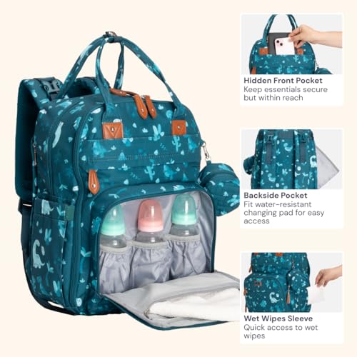 BabbleRoo Diaper Bag Backpack - Baby Essentials Travel Tote - Multi Function Water Resistant Diaper Bag, Travel Essentials Baby Bag with Changing Pad, Stroller Straps & Pacifier Case - Unisex, Dino - color: Dino, size: Large